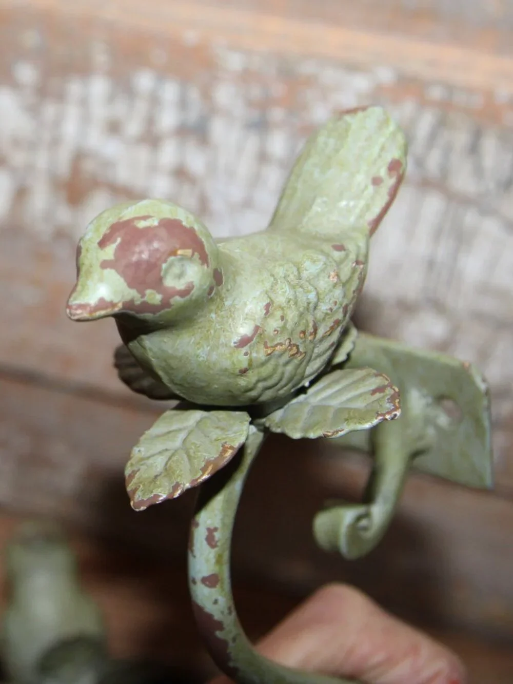 Shabby Chippy Green Cast Iron French Country Farmhouse Bird Wall Decor Hooks